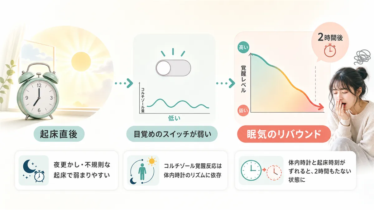 目覚めのスイッチが弱いと2時間後に眠気のリバウンドが起きやすい理由を解説します。