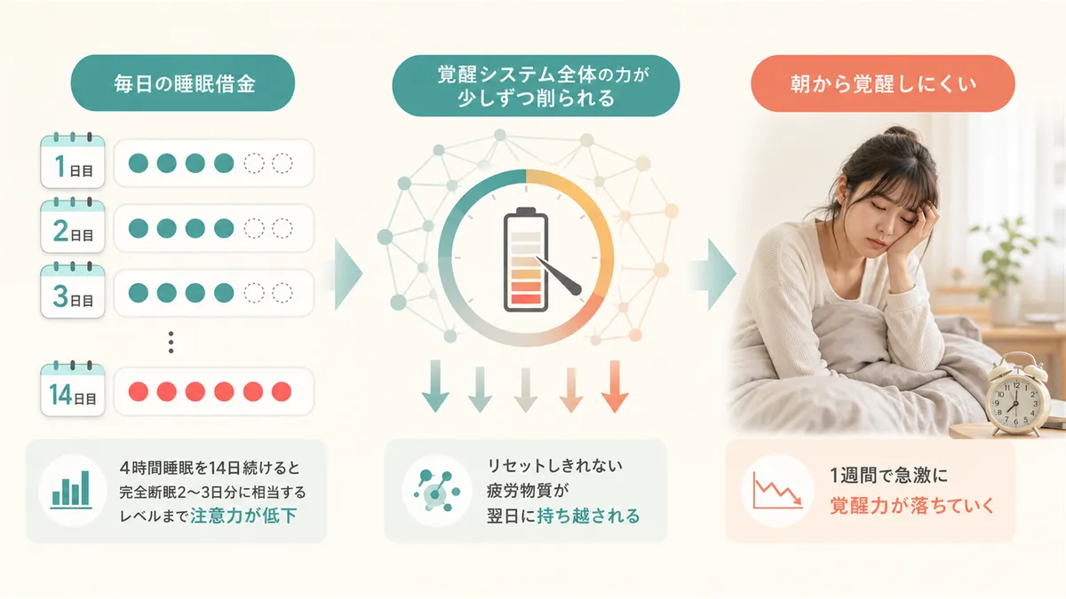 毎日の睡眠借金が覚醒システム全体の力を削っていく仕組みを解説します。