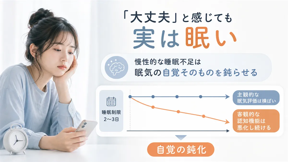 慢性的な睡眠不足が眠気の自覚を鈍らせる危険性を紹介します。