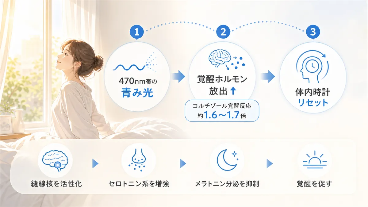 短波長の光が覚醒ホルモンの放出を強め、体内時計をリセットする仕組みを解説します。