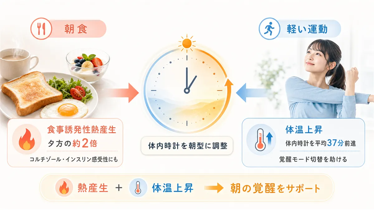 食事の熱産生と運動による体温上昇が体内時計を朝型に調整する効果を紹介します。