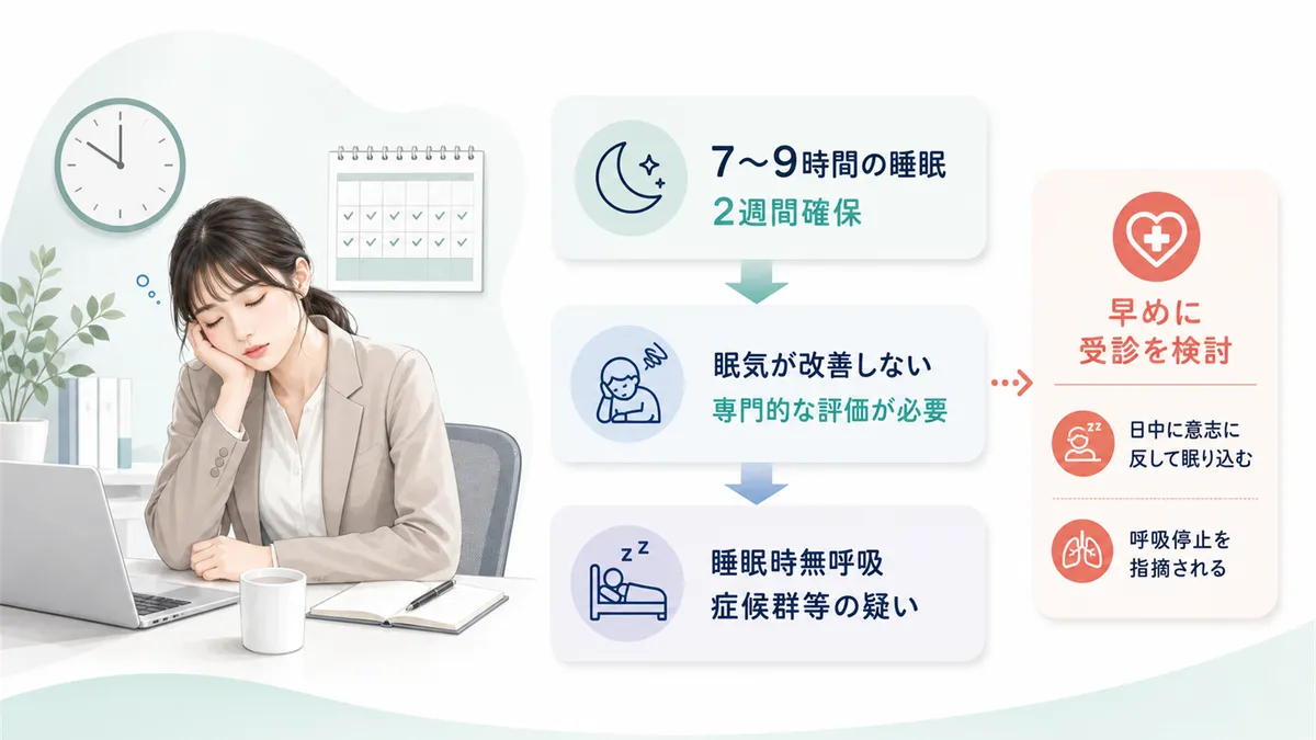 十分な睡眠を2週間確保しても改善しない場合の受診の目安を案内します。