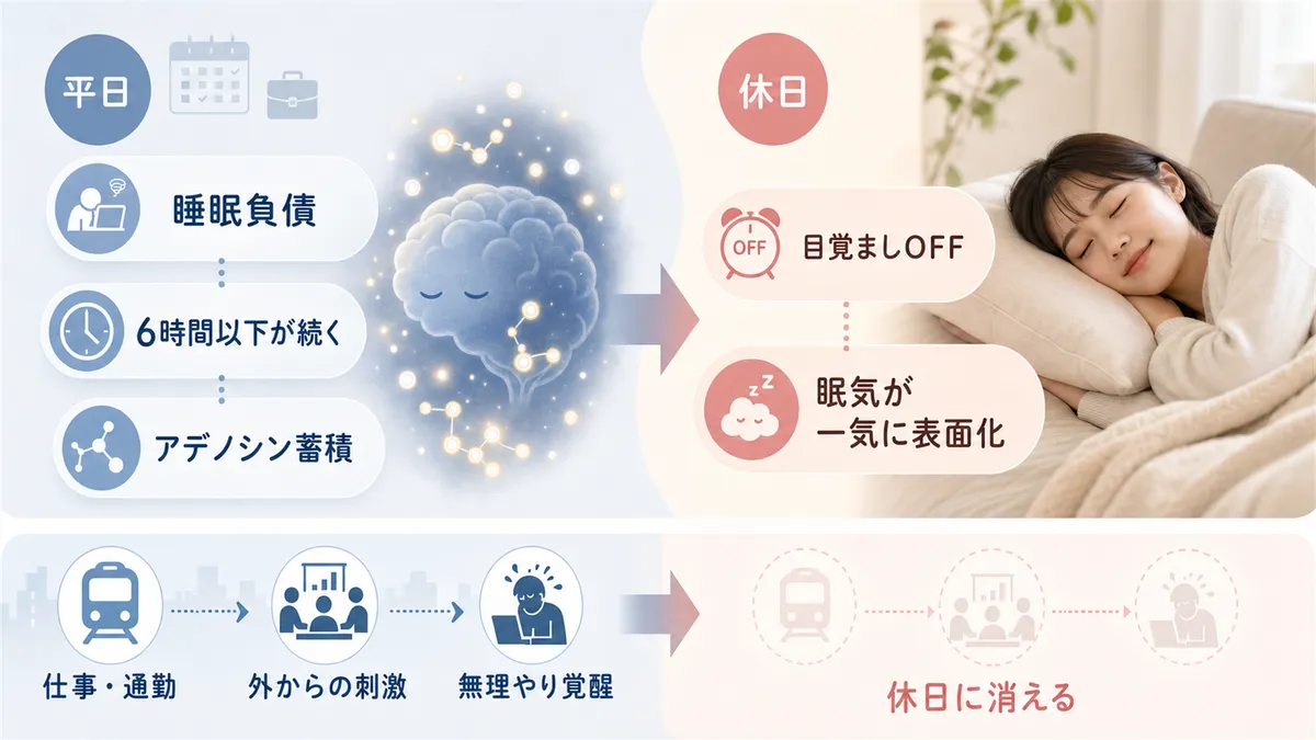 平日に溜まった睡眠負債が休日に噴き出すことや、仕事や通勤が覚醒を支えていた事実を解説します。