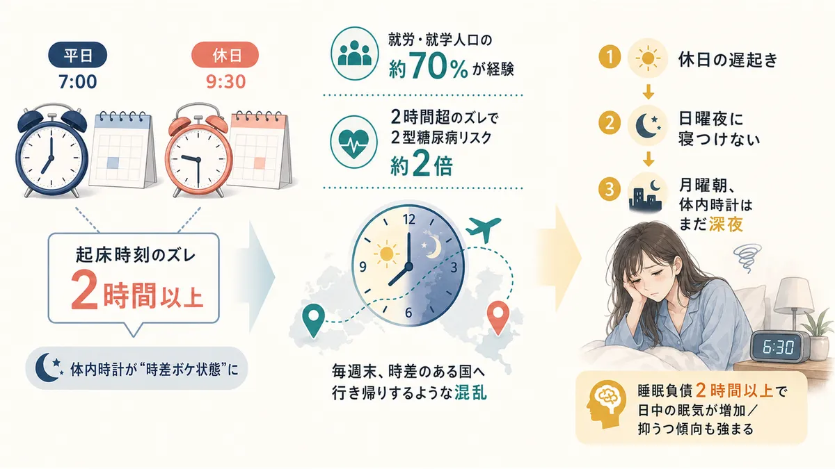 平日と休日の起床時刻のズレが「時差ボケ状態」を生むことや、月曜の朝がつらい理由を解説します。