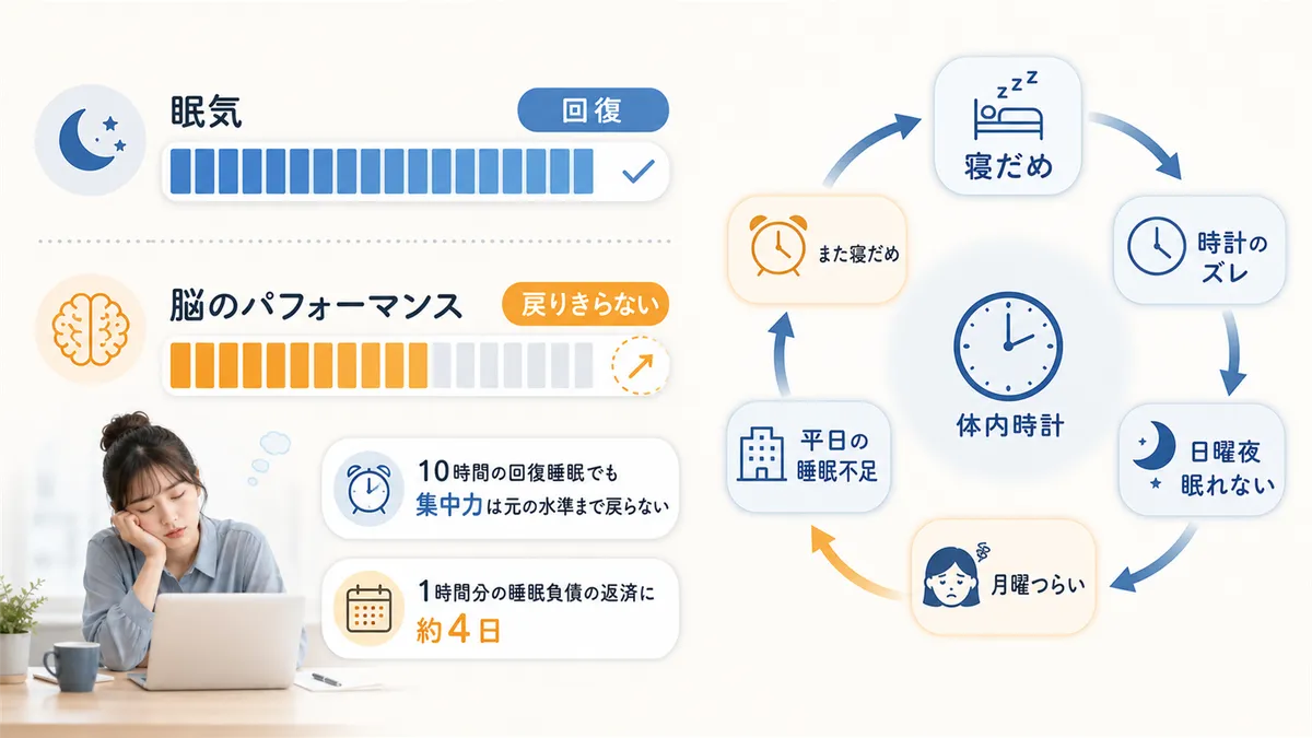 眠気は回復しても脳のパフォーマンスは戻りきらないことや、寝だめが体内時計をさらに狂わせる悪循環を解説します。