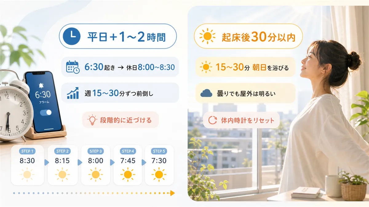 「平日プラス1〜2時間」の目安と、朝の光で体内時計をリセットする方法を紹介します。