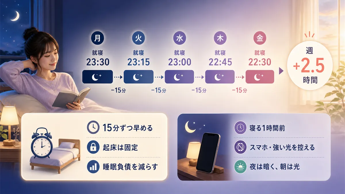 就寝時刻の前倒しやスマホ・強い光の制限など、平日の睡眠改善策を紹介します。