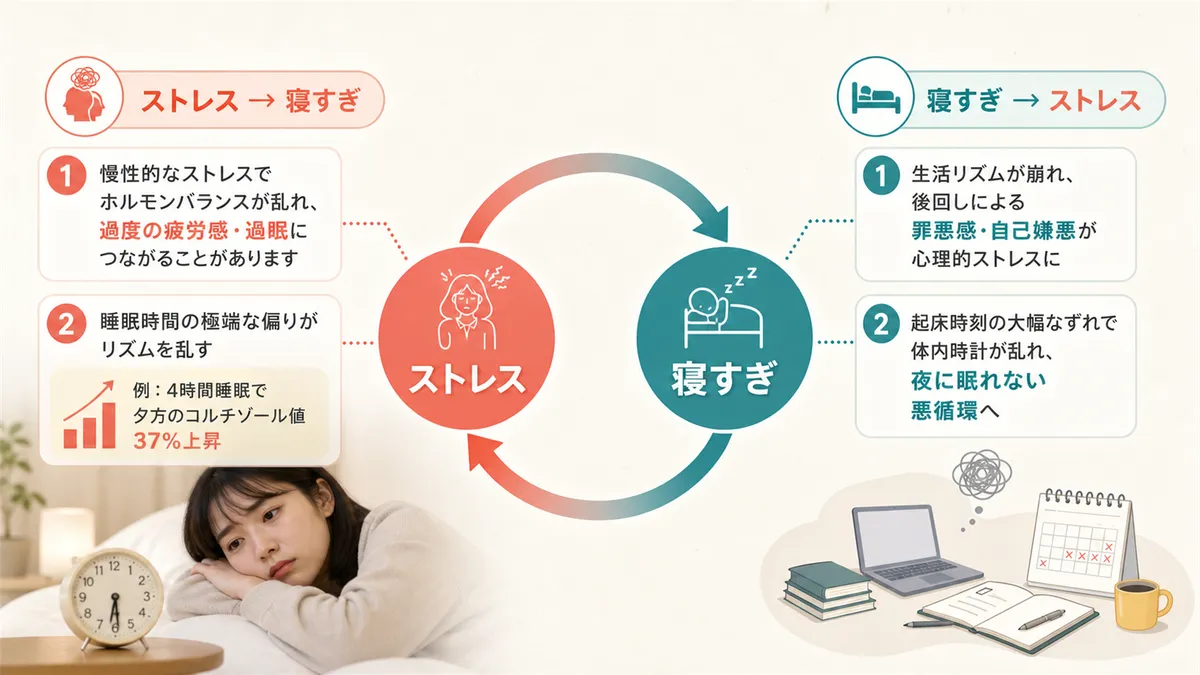 ストレスが寝すぎにつながる理由と、寝すぎがストレスを増やす面の双方向の関係を解説します。