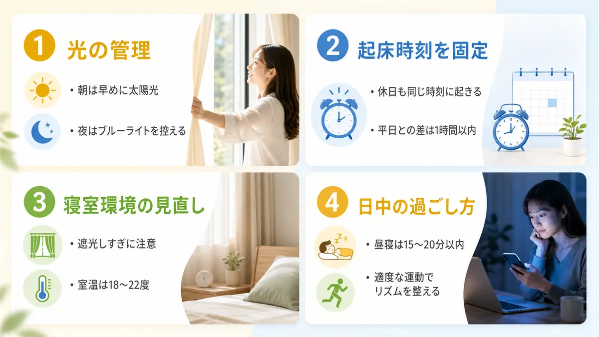 光の管理、起床時刻の固定、寝室環境の見直し、日中の過ごし方など具体策を紹介します。