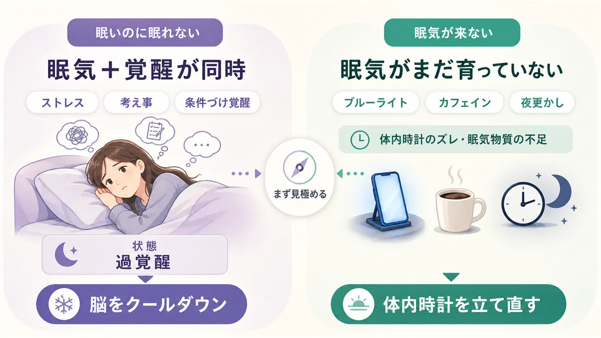 過覚醒の状態と体内時計のズレの違いを明確にし、対処の方向性が異なることを伝えます。（眠いのに眠れない：ストレス・考え事・条件づけ覚醒による過覚醒、対処は脳のクールダウン；眠気が来ない：ブルーライト・カフェイン・夜更かしによる体内時計のズレ、対処は体内時計の立て直し）