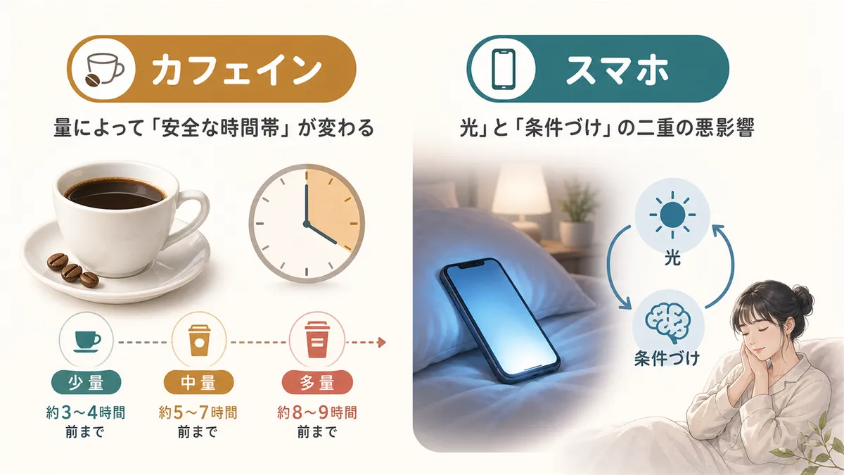 カフェインの安全な時間帯やスマホの光と条件づけの二重の悪影響を具体的に解説します。