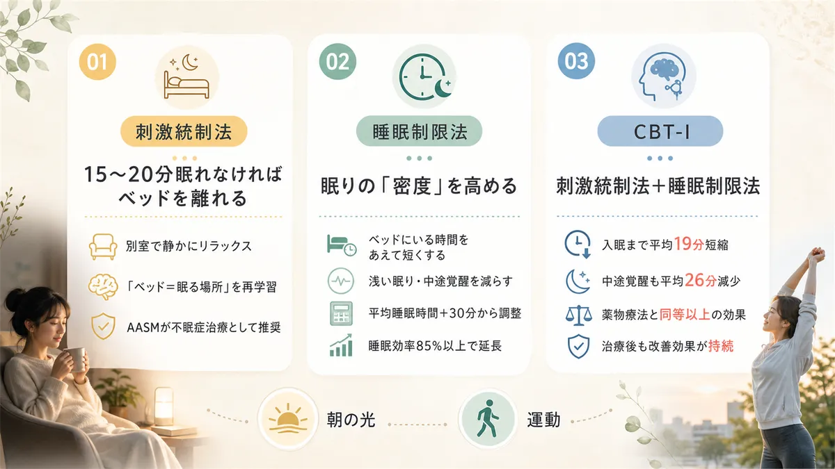 朝の光と運動、刺激統制法、睡眠制限法、CBT-Iなど根本的な改善法を紹介します。