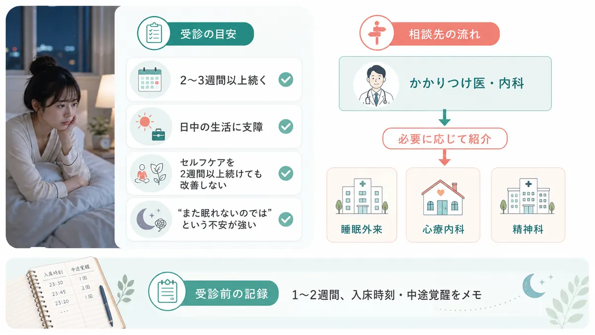 2〜3週間以上続き日中に支障が出ている場合の受診の目安と、専門医への紹介の流れを案内します。