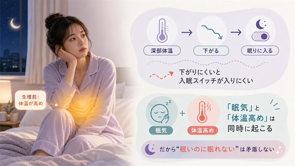 体温が下がらないと眠りに入れない仕組みや、「眠いのに眠れない」状態が体の中で矛盾していない理由を解説します。