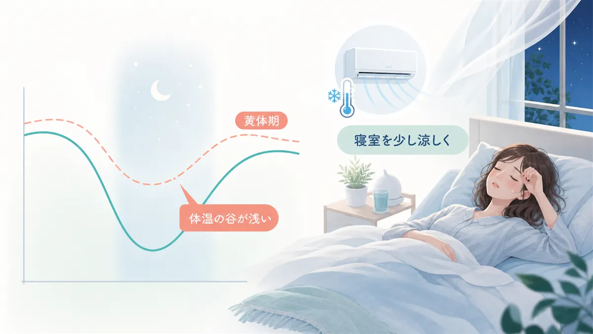黄体期は「体温の谷」が浅くなること、寝室を少し涼しくする工夫を紹介します。