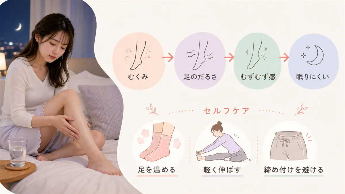 むくみと「むずむず感」の関係や、足のだるさを和らげるセルフケアを紹介します。