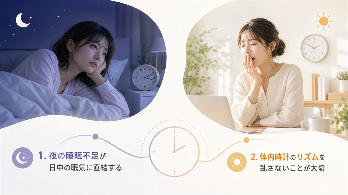 夜の睡眠不足が日中の眠気に直結すること、体内時計のリズムを乱さないことの大切さを解説します。