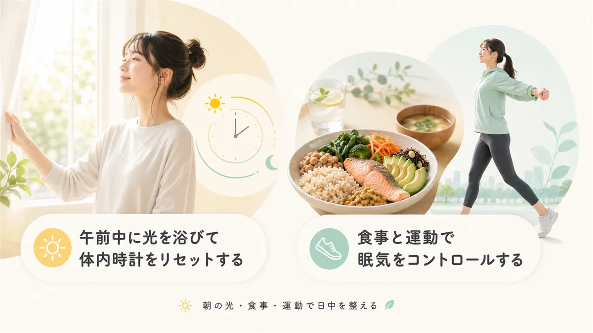 朝の光、食事と運動によるコントロールなど、日中の眠気対策を紹介します。