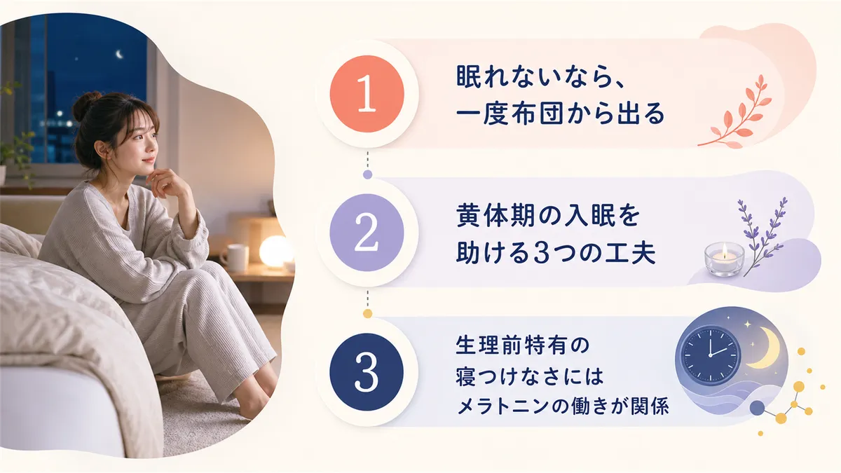布団から出る方法、黄体期の入眠を助ける工夫、メラトニンの働きとの関係を紹介します。