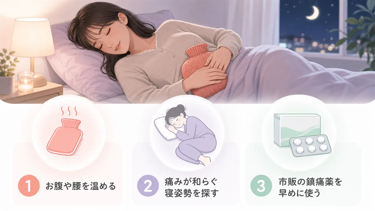 お腹や腰を温める方法、痛みが和らぐ寝姿勢、鎮痛薬の早めの使用を案内します。