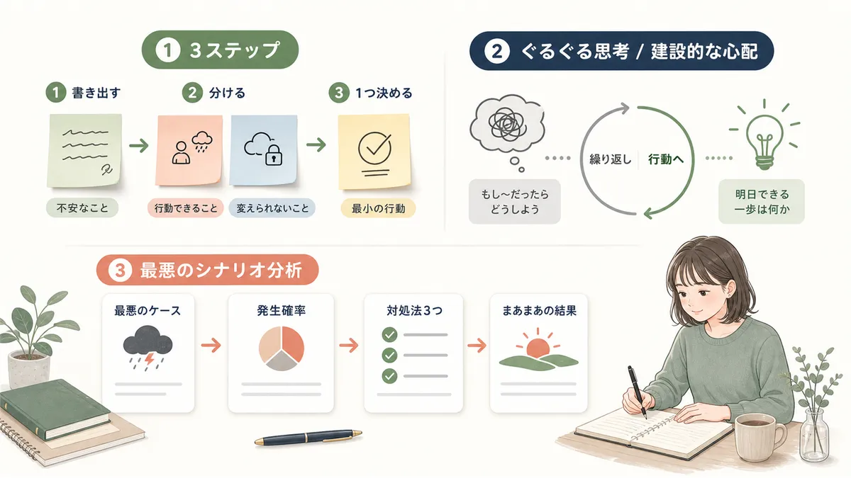 3ステップのワーク、「ぐるぐる思考」と「建設的な心配」の違い、最悪のシナリオの冷静な分析法を紹介します。（3ステップ：①心配事を書き出す→②「行動できること」と「変えられないこと」に分類→③最小の行動を1つ決める。ぐるぐる思考：「もし〜だったらどうしよう」の繰り返し。建設的な心配：「明日できる一歩は何か」と行動に結びつける点が違い）