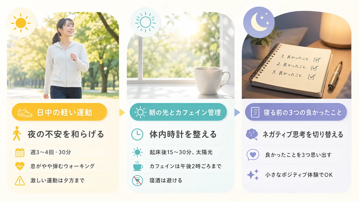 日中の運動、朝の光とカフェイン管理、寝る前の「良かったこと振り返り」など、日常的な予防策を紹介します。