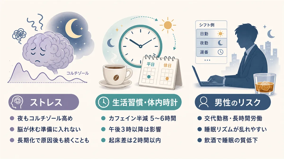 ストレス、生活習慣と体内時計のズレ、男性のリスク要因など、原因を多角的に解説します。
