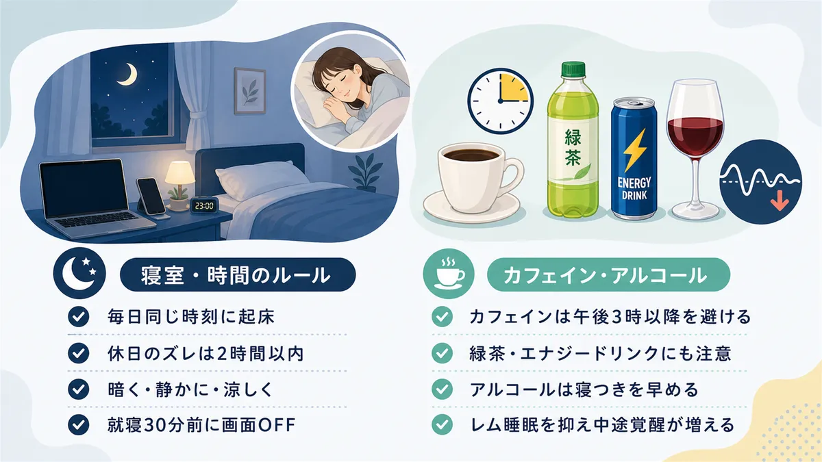 寝室と寝る時間のルール、カフェインとアルコールの影響など、実践的な改善策を紹介します。