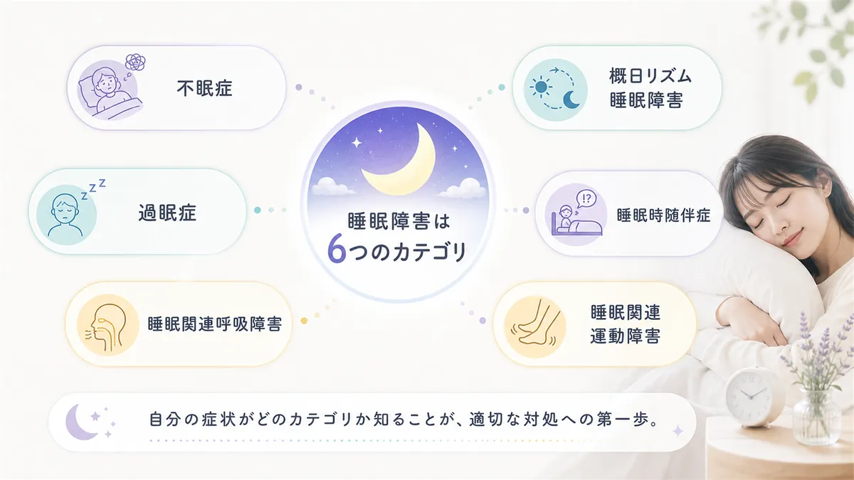 不眠症、過眠症、睡眠時無呼吸、概日リズム障害など、主要な種類を概観します。