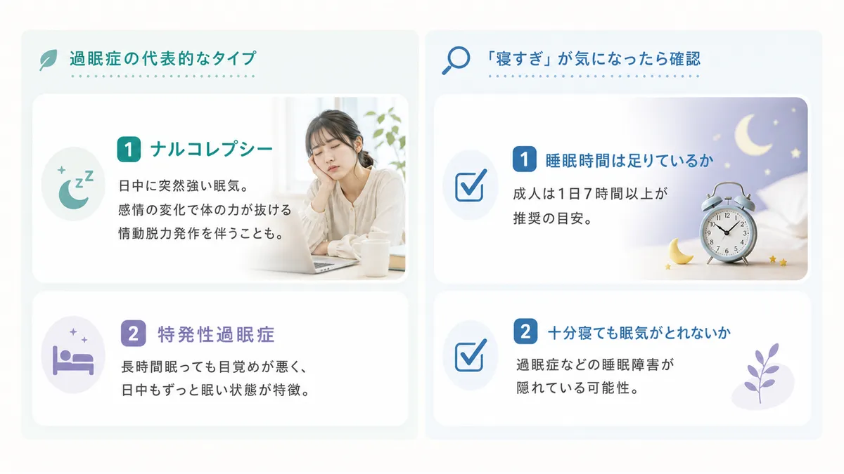 過眠症の代表的なタイプや「寝すぎ」が気になった場合に確認すべきことを紹介します。