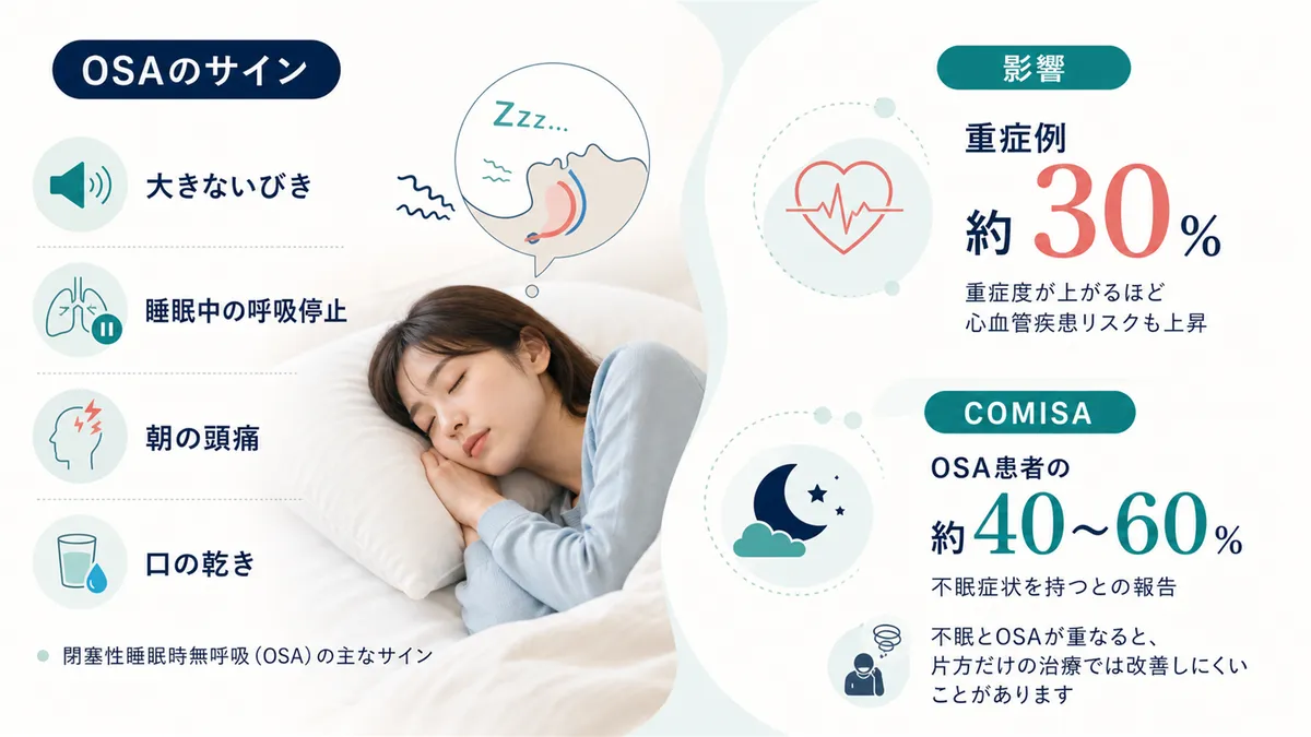 OSAの主なサインと影響、不眠症との同時存在のケースを解説します。