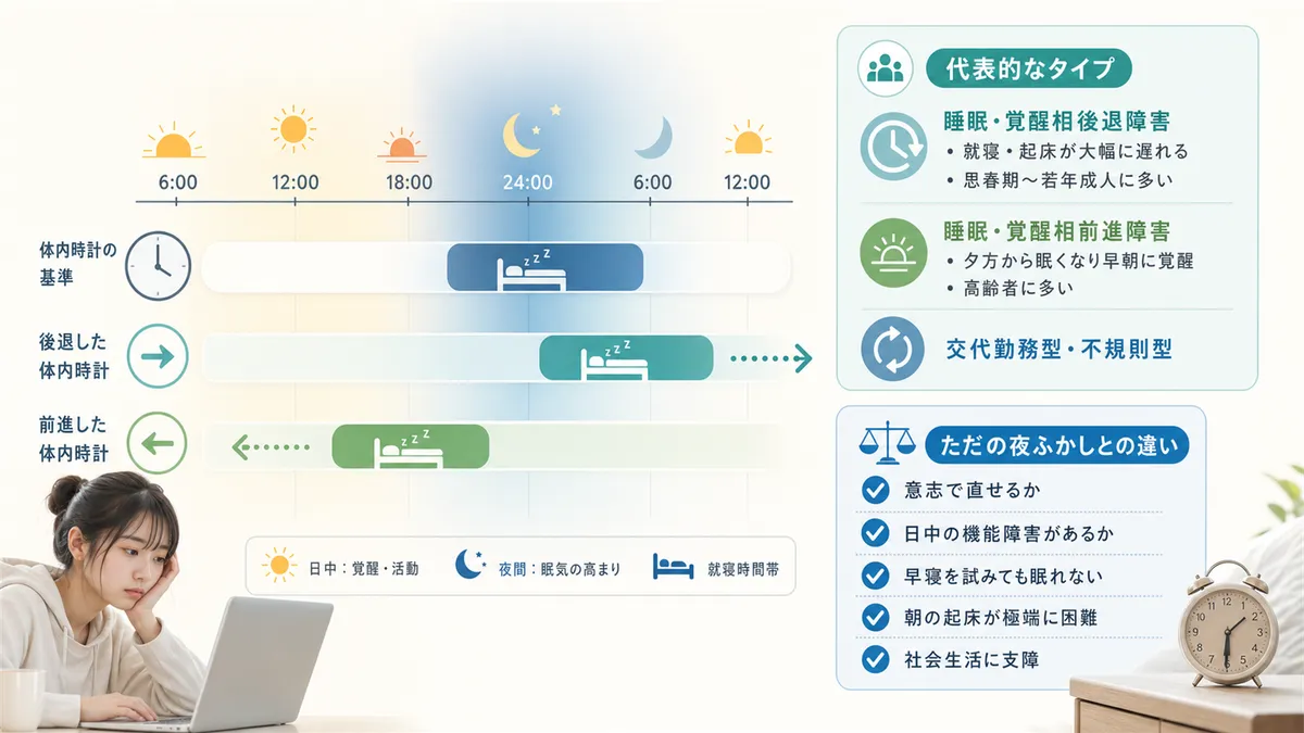 代表的なタイプや「ただの夜ふかし」との違いを解説します。（代表タイプ：睡眠・覚醒相後退障害＝就寝・起床が大幅に遅れる、睡眠・覚醒相前進障害＝夕方から眠くなり早朝に覚醒、交代勤務型・不規則型。ただの夜ふかしとの違い：意志で直せるかどうか、日中の機能障害の有無）