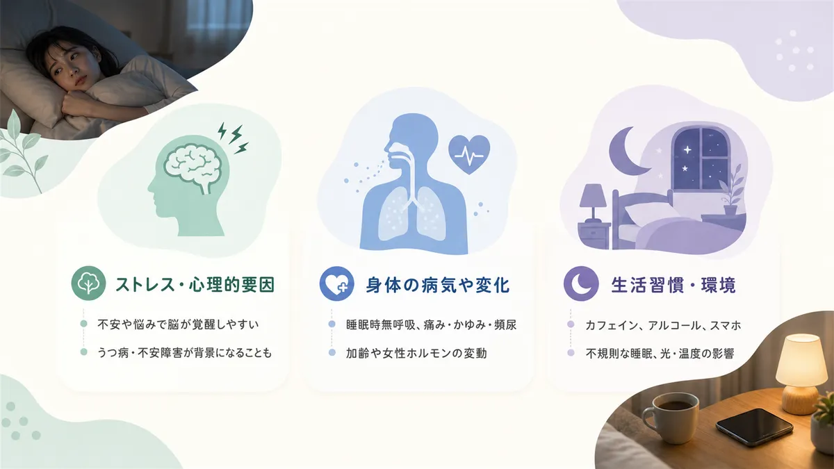 ストレス・心理的要因、身体の病気、生活習慣・環境など、原因を多角的に解説します。