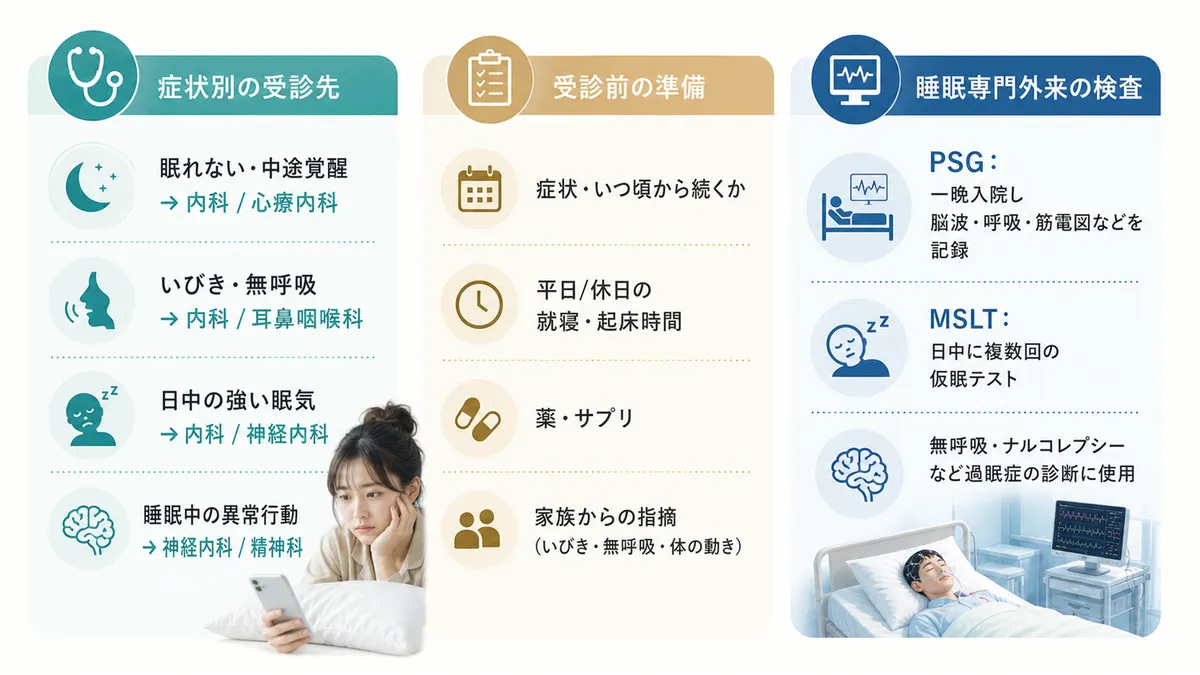 症状別の受診先の目安、受診前の準備、睡眠専門外来での検査について案内します。