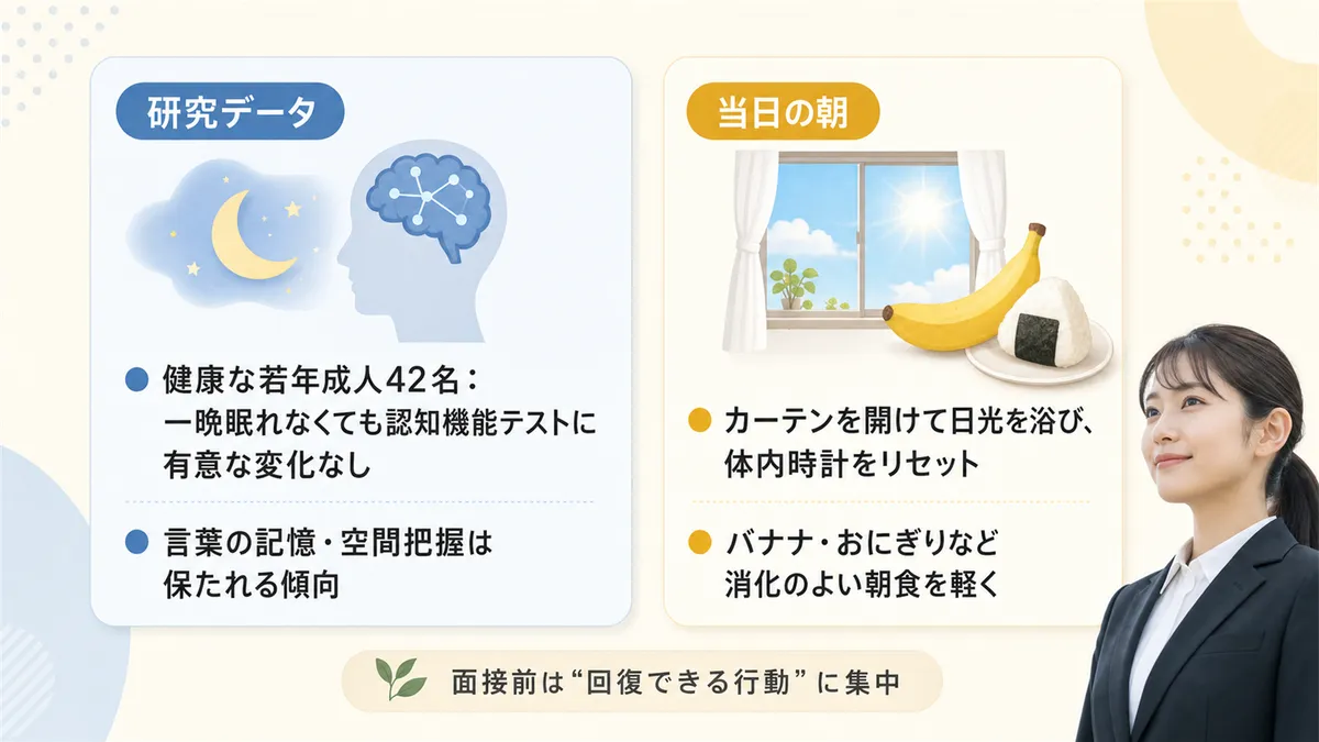 一晩の睡眠不足の実際の影響を研究データで示し、面接当日の朝にできるリカバリー法を紹介します。