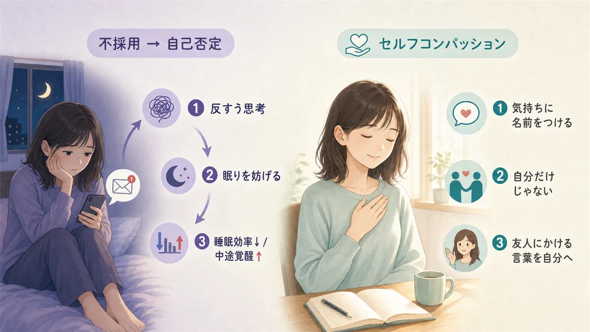 不採用で自己否定に陥るメカニズムと、セルフコンパッションで自分を責めすぎない技術を紹介します。