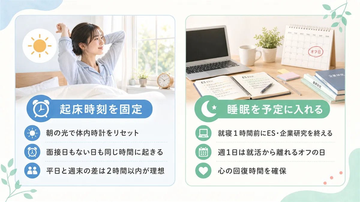 起床時刻の固定や就活スケジュールへの睡眠の組み込み方を紹介します。