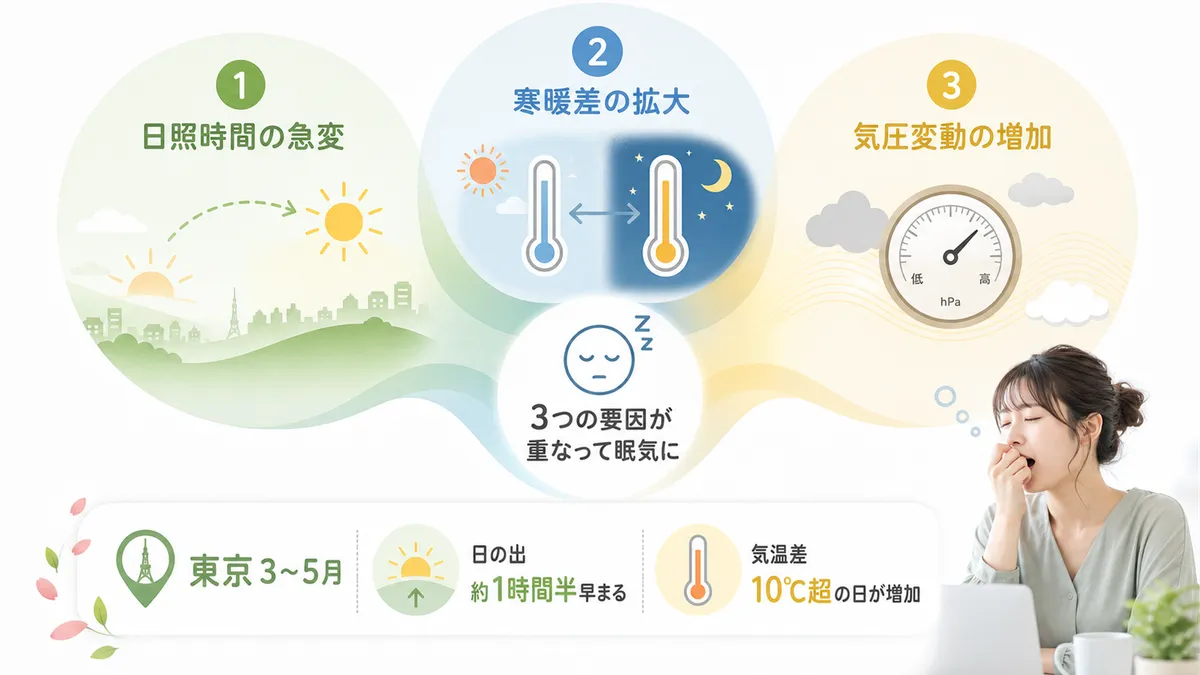 日照時間、気温変動、体内時計の適応遅れなど根本原因を概観します。