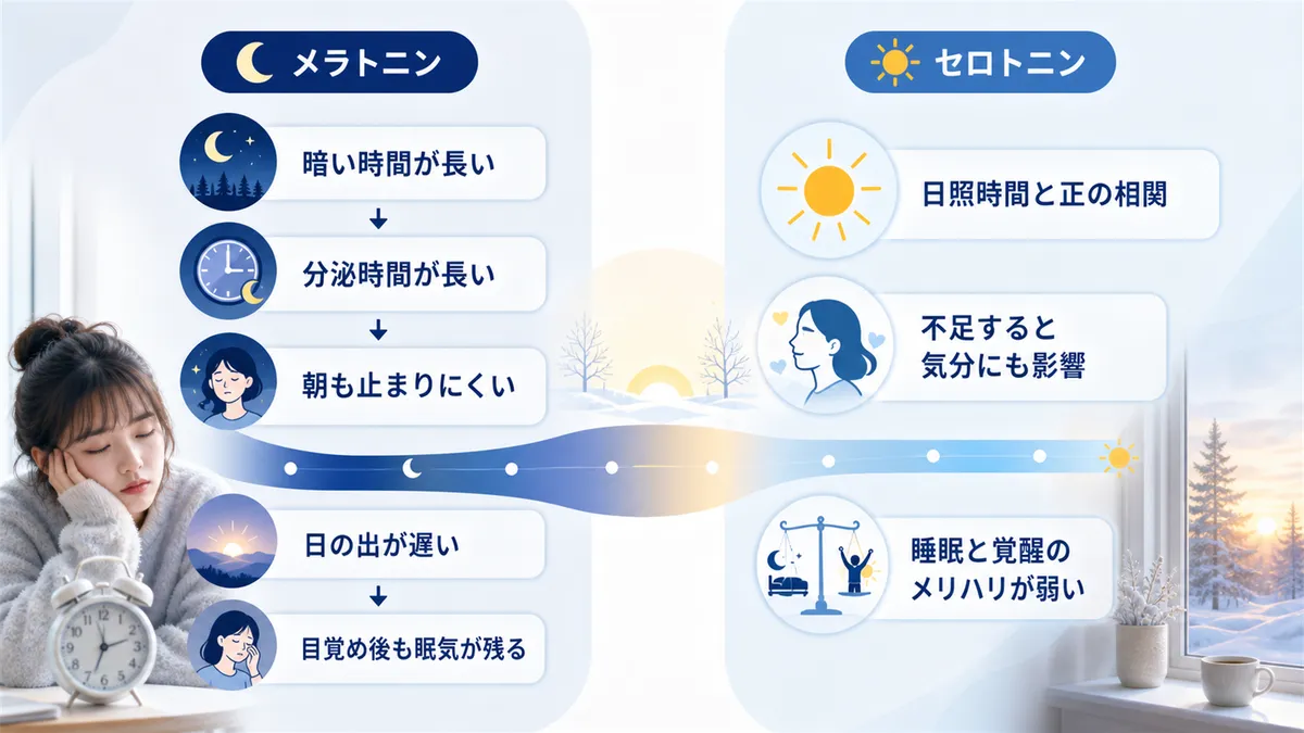 メラトニンの出すぎやセロトニン不足が眠気だけでなく気分にも影響する仕組み、冬の睡眠時間の変化データを紹介します。