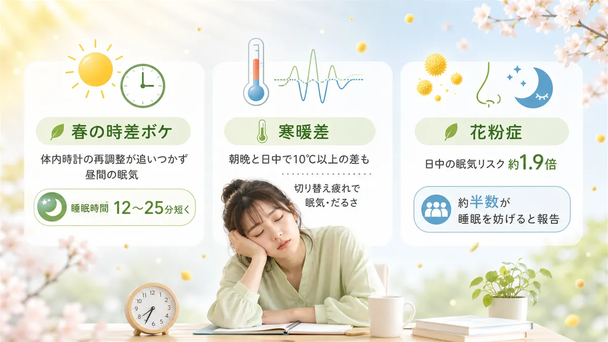 日照の急変が引き起こす春の時差ボケ、寒暖差が自律神経を疲れさせる仕組み、花粉症が睡眠を下げるデータを紹介します。