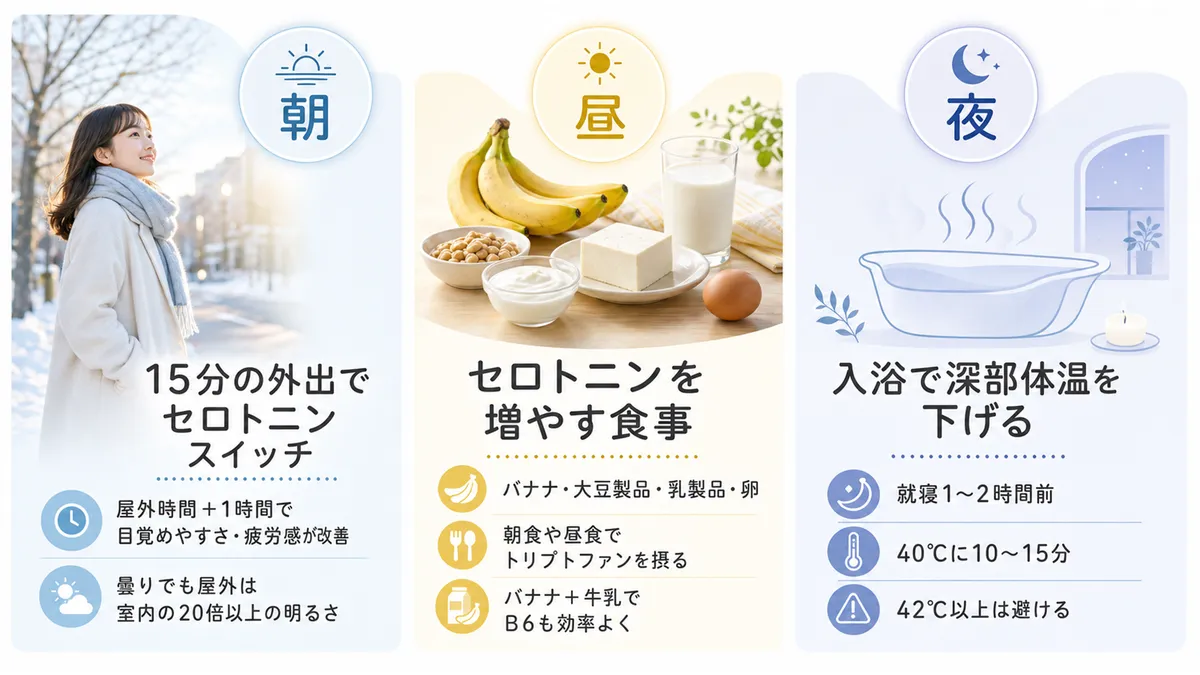 朝15分の外出、夜の入浴法、セロトニンを増やす食事など、時間帯別の対策を紹介します。