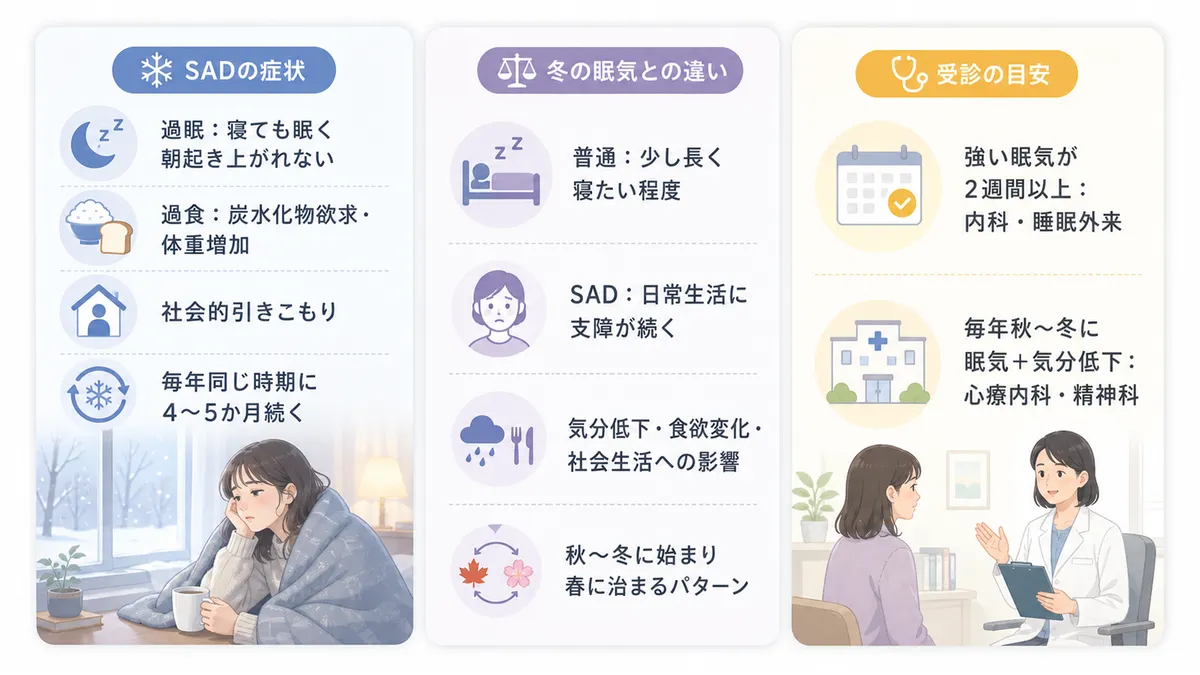 SADの代表的な症状と普通の冬の眠気との違い、受診の判断基準を案内します。（SADの症状：過眠＝いくら寝ても眠く朝起き上がれない・過食＝炭水化物への強い欲求と体重増加・社会的引きこもり・毎年同じ時期に4〜5か月続く。冬の眠気との違い：眠気の程度・気分の落ち込み・食欲変化・社会生活への支障・繰り返しパターンの有無。受診目安：2週間以上続く強い眠気は内科または睡眠外来、毎年秋〜冬に眠気＋気分低下は心療内科・精神科）