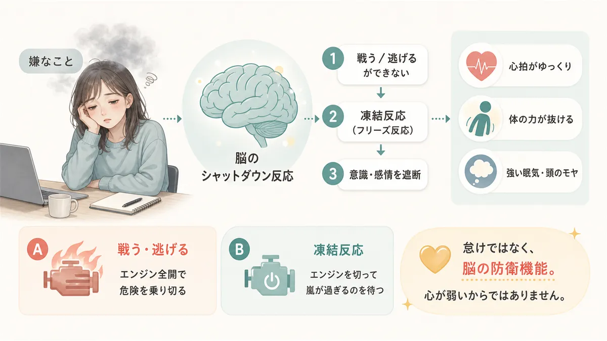 脳の「シャットダウン反応」が眠気の正体であること、これは怠けではなく脳の防衛機能であることを解説します。