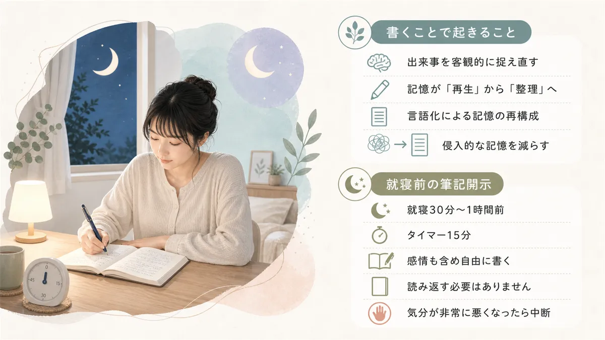 「書く」ことで脳が記憶を再整理するメカニズムや、就寝前の筆記開示のやり方と注意点を紹介します。
