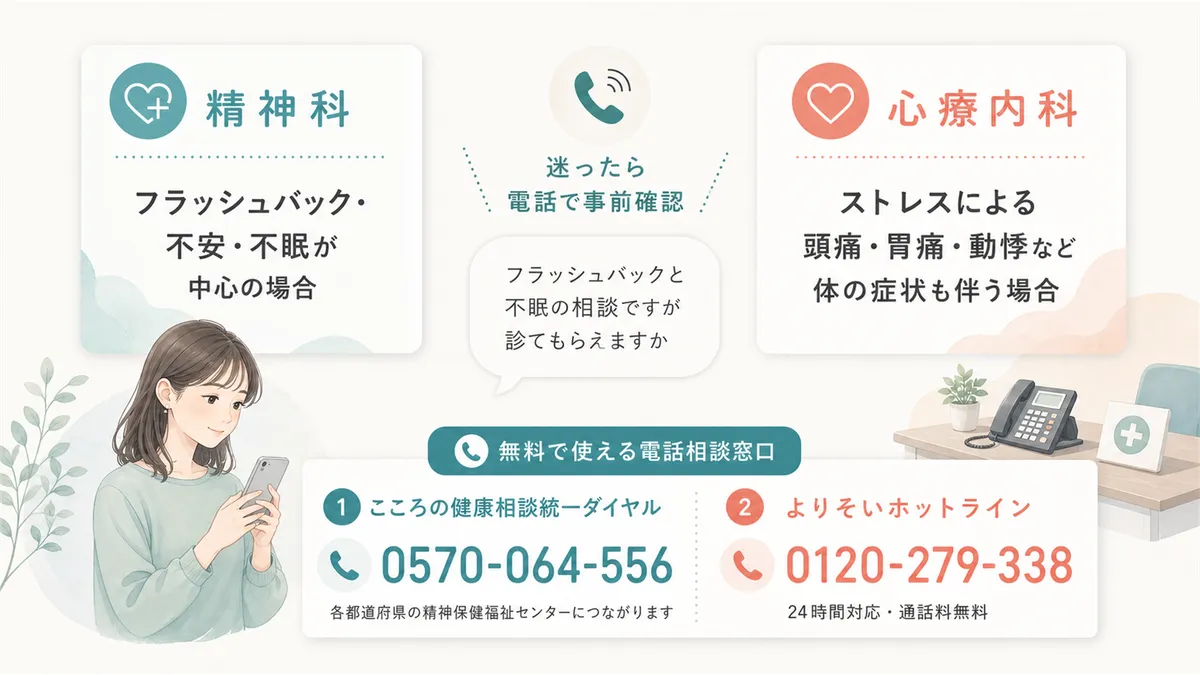 心療内科と精神科の違い・選び方や、無料で使える電話相談窓口を案内します。（心療内科：ストレスによる頭痛・胃痛・動悸など体の症状も伴う場合。精神科：フラッシュバック・不安・不眠が中心の場合。迷ったら電話で事前確認するのが確実。電話窓口：こころの健康相談統一ダイヤル0570-064-556・よりそいホットライン0120-279-338）