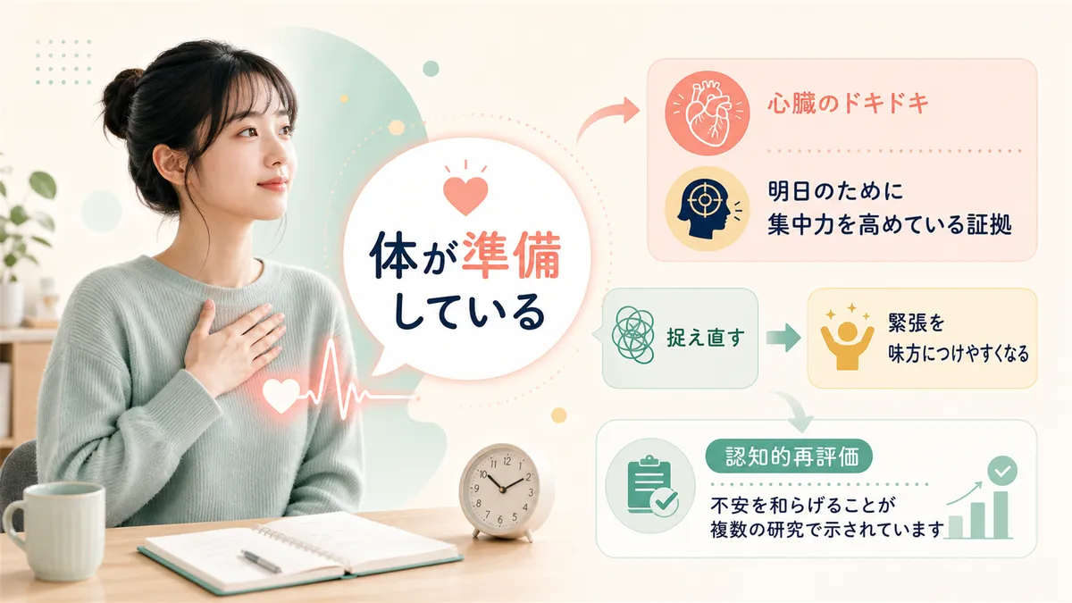「体が準備している」と捉え直すだけで変わることを伝え、緊張の前向きな面を紹介します。