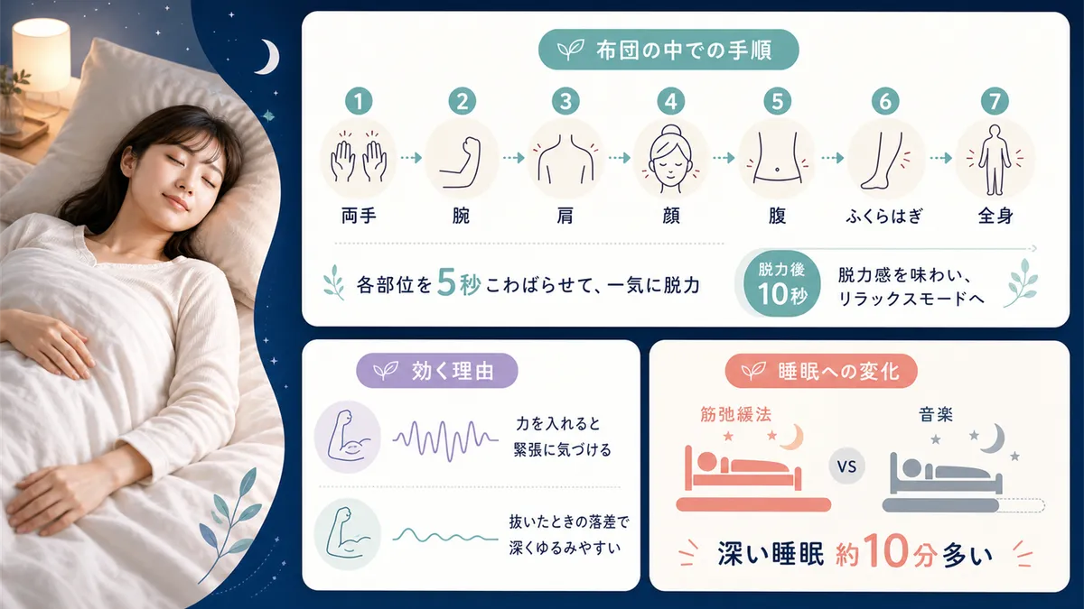 布団の中でできる筋弛緩法の具体的な手順と、なぜ「力を入れてから抜く」と効くのかを解説します。