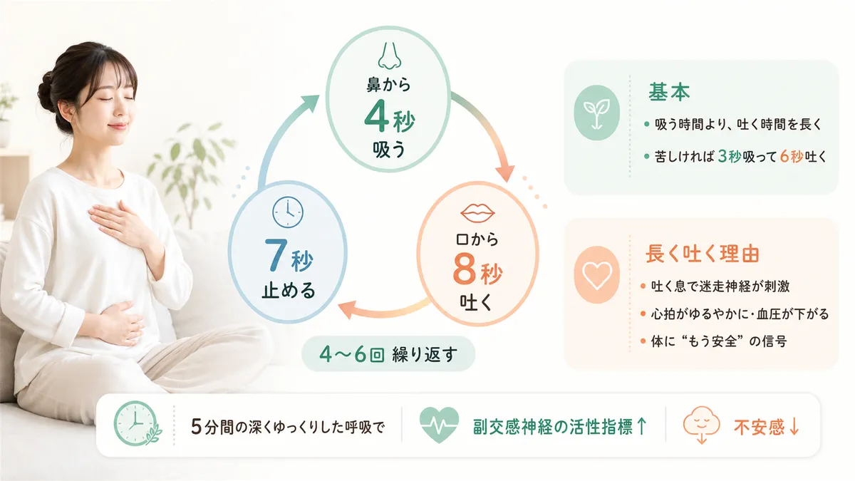 4-7-8呼吸法の実践方法と、吐く息を長くするとリラックスできる理由を解説します。