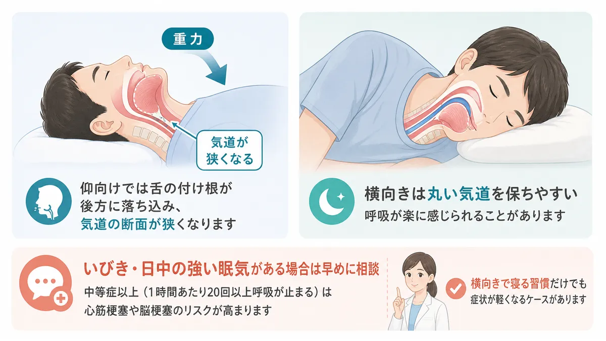 舌や喉まわりの組織が気道を圧迫する仕組みや、いびき・日中の眠気がある場合の相談の重要性を解説します。