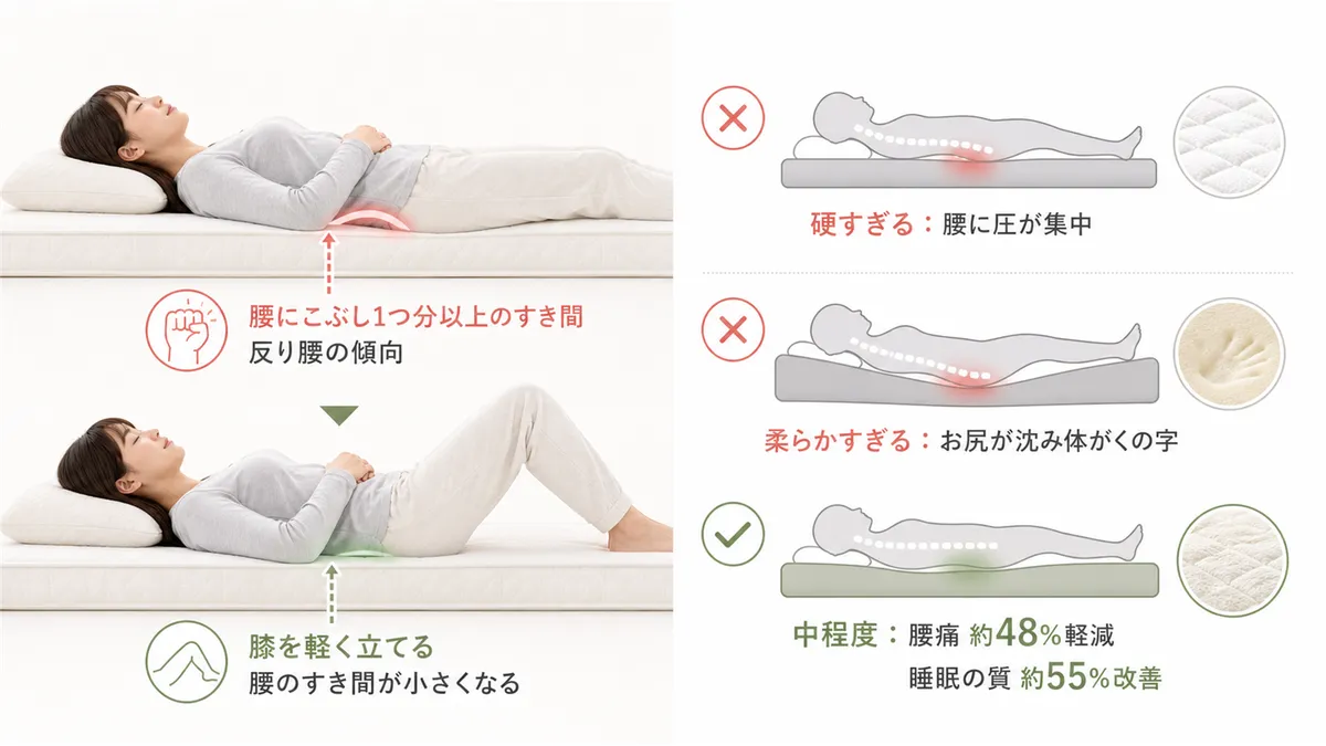 反り腰の影響や、マットレスの硬さが腰に負担をかける仕組みを解説します。